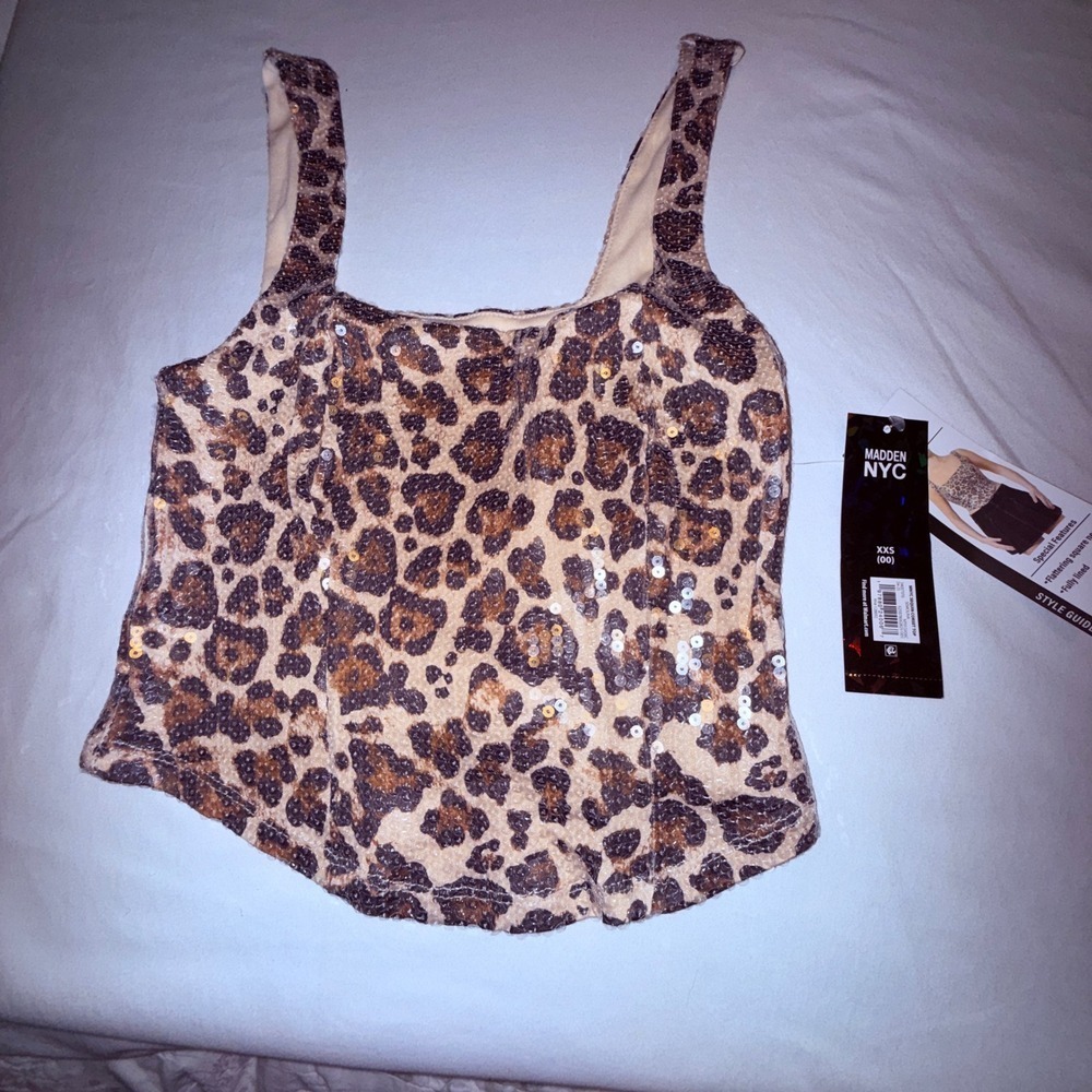 Madden NYC Sequin Corset Top Women XXS Brown Leopard NWT Square‎ Neck Cropped